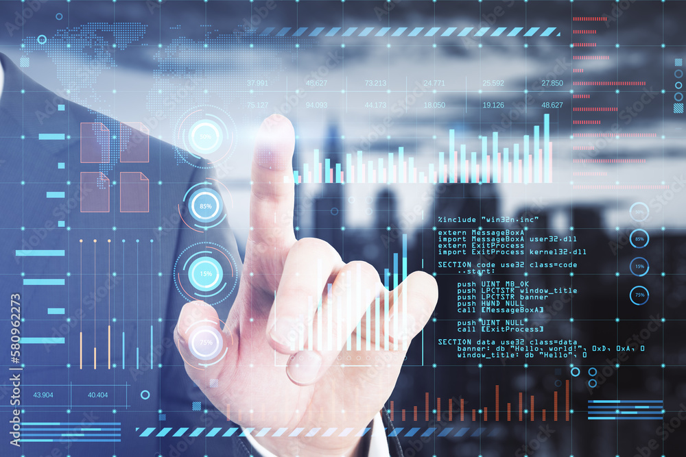 Poster Close up of businessman hand pointing at glowing digital interface with business charts and coding on blurry city background. Future and cyberspace concept. Double exposure.