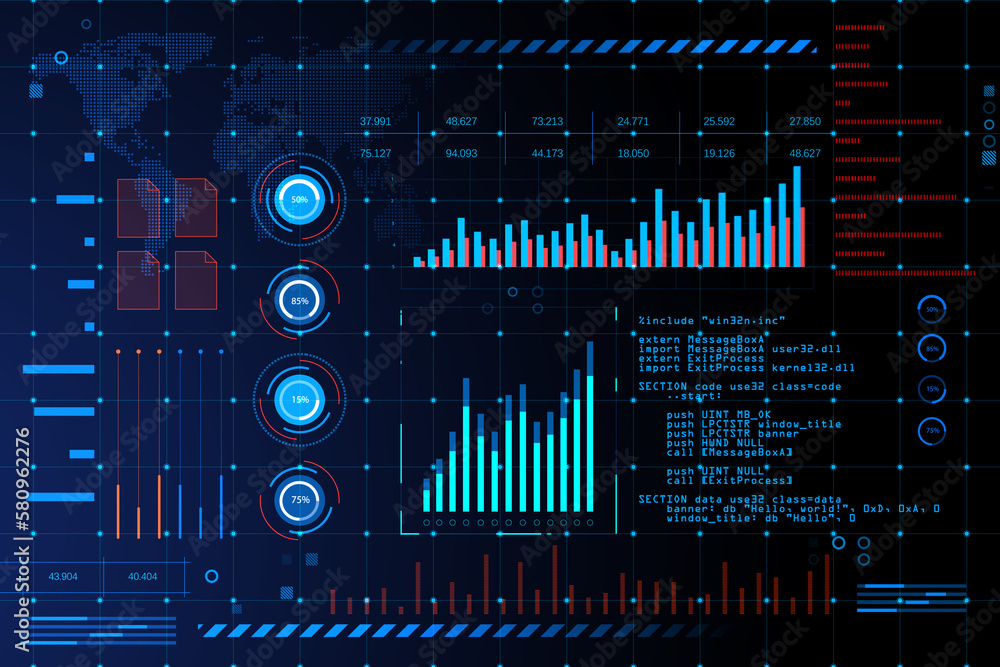 Leinwandbilder Glowing digital interface with business charts and coding background. Future and cyberspace concept. 3D Rendering.