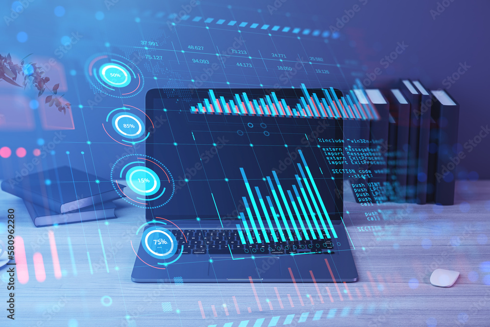 Poster Close up of laptop on office desktop with glowing digital interface, business charts and coding language. Future and cyberspace concept. Double exposure.