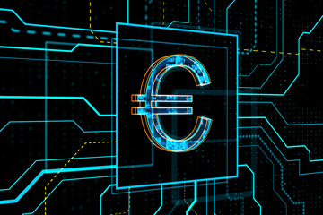 glowing circuit money hologram on dark background. Euro, crypto, online banking and finance concept. 3D Rendering.