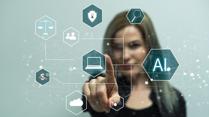 Hand touching digital chatbot for provide access to information and data in online network, robot application and global connection, AI, Artificial intelligence, innovation and technology