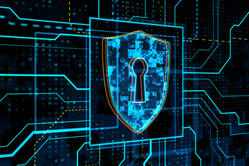 Glowing safety and security circuit shield shield hologram on blurry background. 3D Rendering.