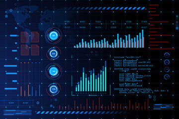 Glowing digital interface with business charts and coding background. Future and cyberspace concept. 3D Rendering.