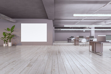 Modern light coworking office interior with empty white mock up banner, furniture, equipment and other items. Workplace and commercial space concept. 3D Rendering.