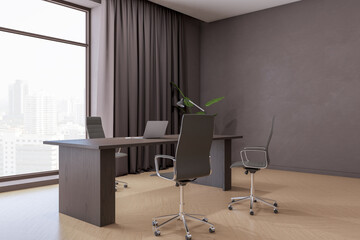 Luxury bright office interior with furniture and equipment, window with city view and curtain. 3D Rendering.