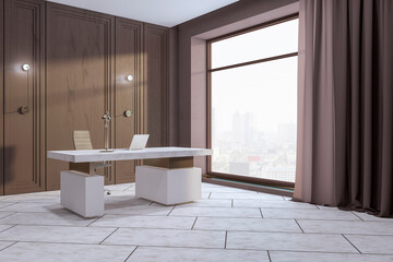 Contemporary wooden and tile office interior with furniture and equipment, window with city view and curtain. 3D Rendering.