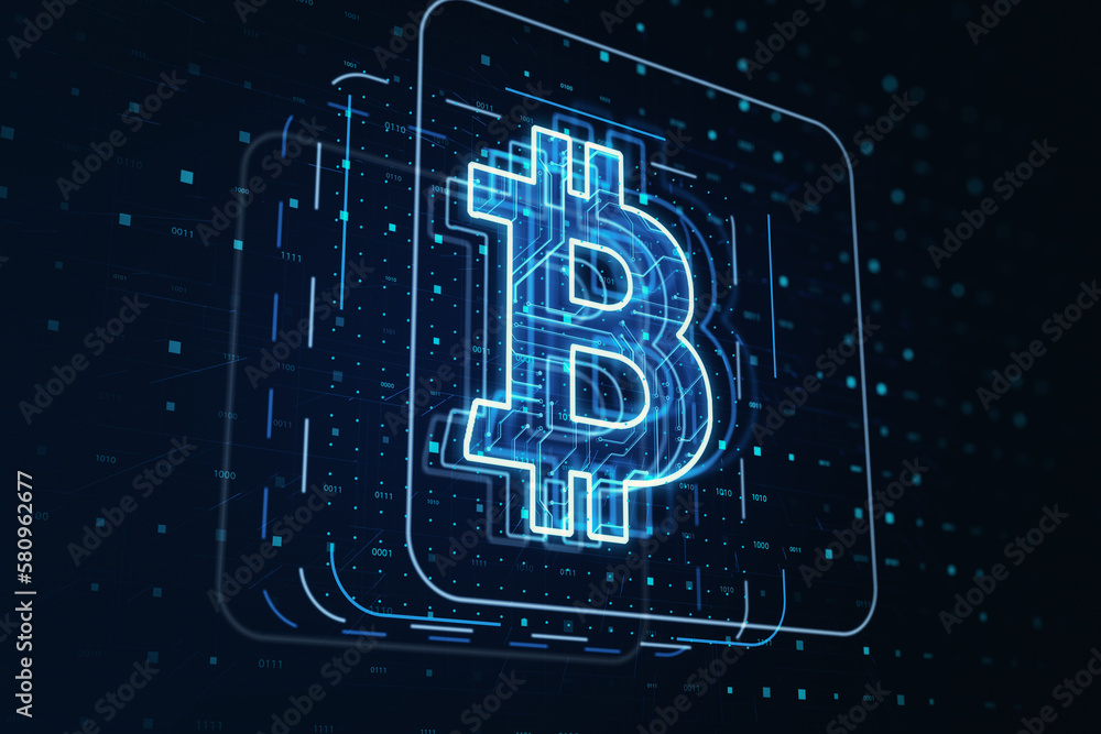 Poster Digital money exchange, cryptocurrency and blockchain concept with perspective view on bitcoin icon in frame on dark technological background. 3D rendering