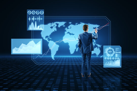Back view of young businessman using abstract glowing map interface on blue background. Future, global finance and market concept.