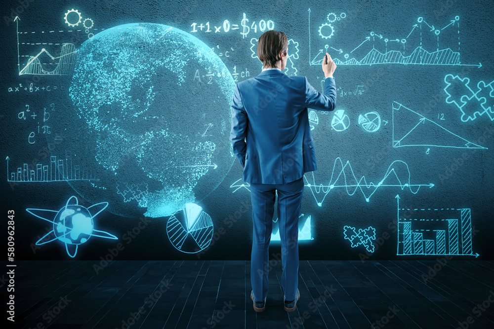 Poster back view of thoughtful young european businessman using glowing mathematical formulas and globe hol