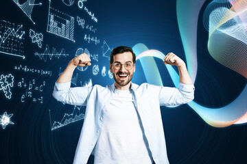 Happy young european businessman celebrating success with glowing mathematical formulas hologram on blurry blue background. Equation, digital data and mathematics app concept.