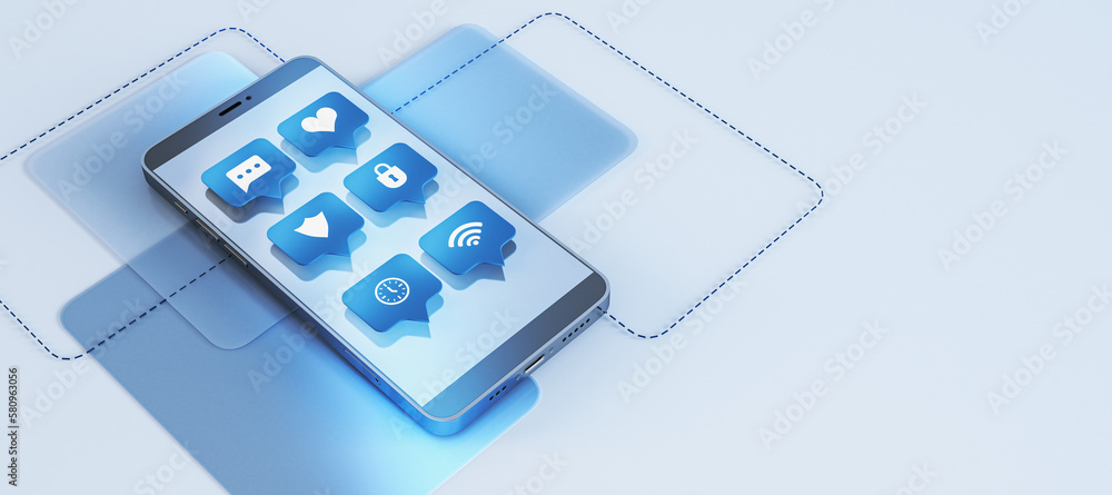 Poster Creative blue mobile phone with communication icons on screen. Social media and network concept. 3D Rendering.