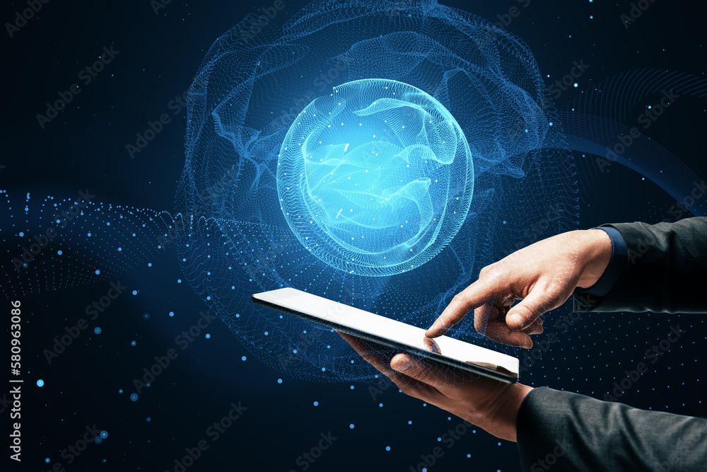 Poster close up of hand pointing at mobile phone with polygonal globe hologram on dark background. world ma