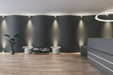 Fototapeta na wymiar Front view on stylish waiting area on dark illuminated wall background with armchairs on wooden floor and grey reception desk under modern chandelier. 3D rendering