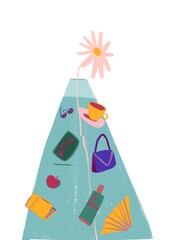 Everyday things. Sunglasses, coffee, bag, book, flower in a vase hand-drawn illustration