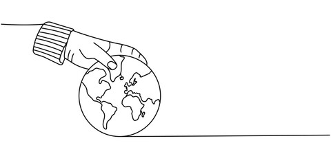 Man hand throwing a world map one line continuous drawing. Recycling waste, ecology continuous one line illustration. Vector minimalist illustration.