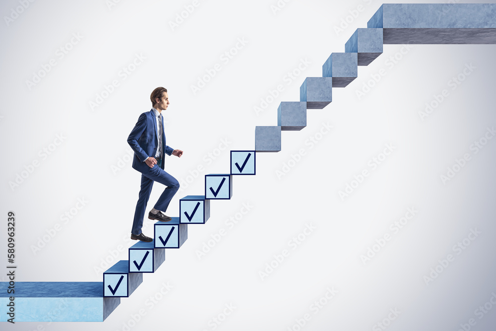 Poster Goals achievement, checklist, to do list concept with handsome man climbing up the check marks in form of stairs on abstract light background