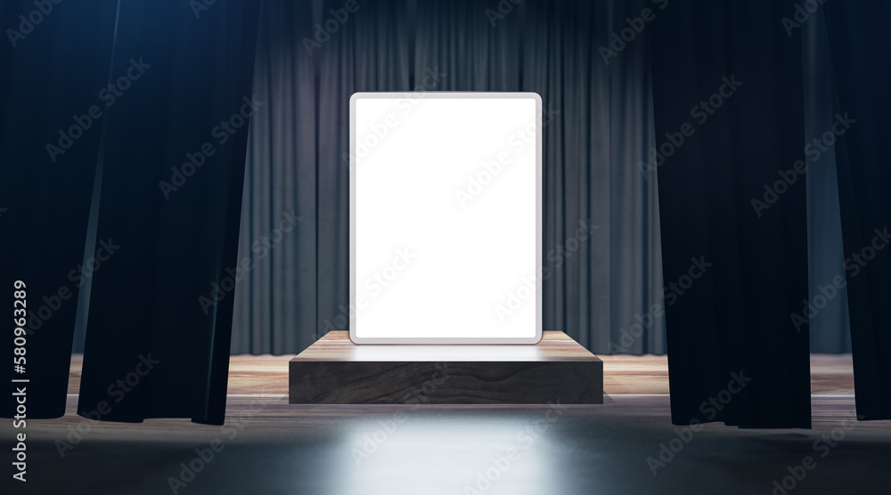 Poster Empty blank white tablet placed on pedestal with gray curtains. Presentation and mock up concept. 3D Rendering.