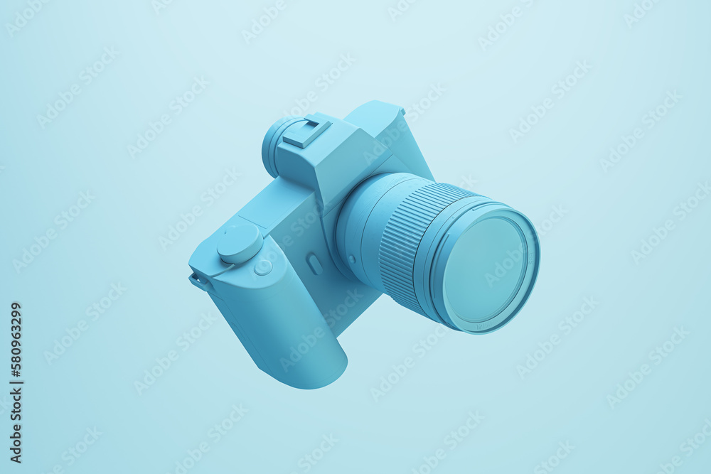 Poster creative minimal photo camera on light blue background. technology, hobby and picture concept. 3d re