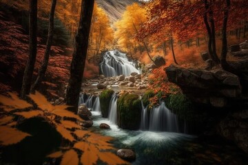 Autumnal view of the waterfall. a waterfall with autumnal hues. Turkey's Suuctu Waterfalls are in Bursa. Generative AI