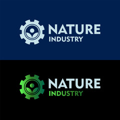 Nature technology logo, leaf and gear machine vector icon illustration
