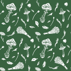 Green seamless background with white contour mushrooms, dried herbs, stones