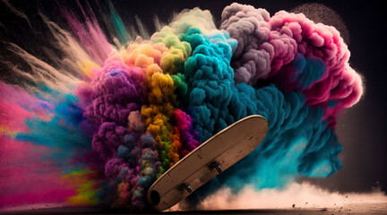 Fototapeta premium Illustration of a vintage skateboard, colorful smoke dust. Generative AI.