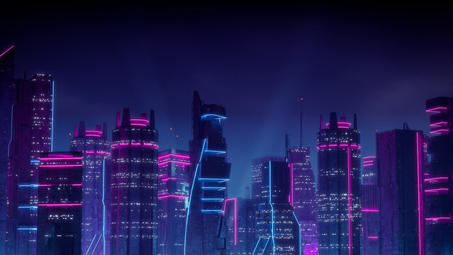 Sci-fi Cityscape with Blue and Pink Neon lights. Night scene with Visionary Skyscrapers.