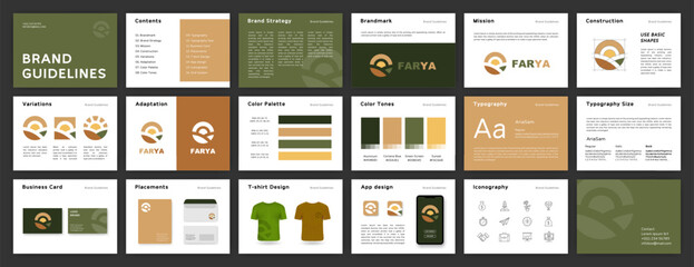 Green and Brown Brand Guidelines template. Brand Identity presentation. Logo Guideline template. Logo Guide Book. Logotype presentation - 580964672