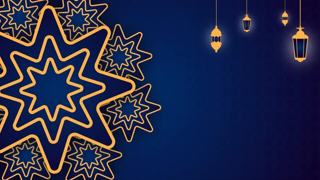 Happy Eid Mubarak animated with Islamic ornaments and an empty place for the background wishing video message. on a blue dark concept while hanging with the chain. A mandala design is animating 4k