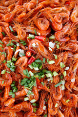 Shrimps displayed at a Battambang market. Cambodia.