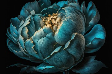 Fototapeta premium Unreal macro of a cyan peony bloom on a black background. Generative AI