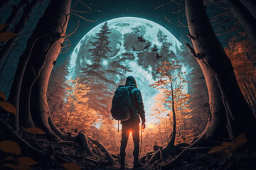 Hiker with backpack on the background of the full moon in the forest. Generative AI