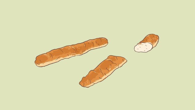 Whole and half long brown baguette in cute simple cartoon illustration footage video