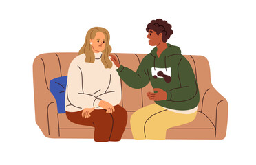 Supportive person supporting, comforting and encouraging upset sad character in trouble, stress, problem. Empathy, care, sympathy concept. Flat vector illustration isolated on white background