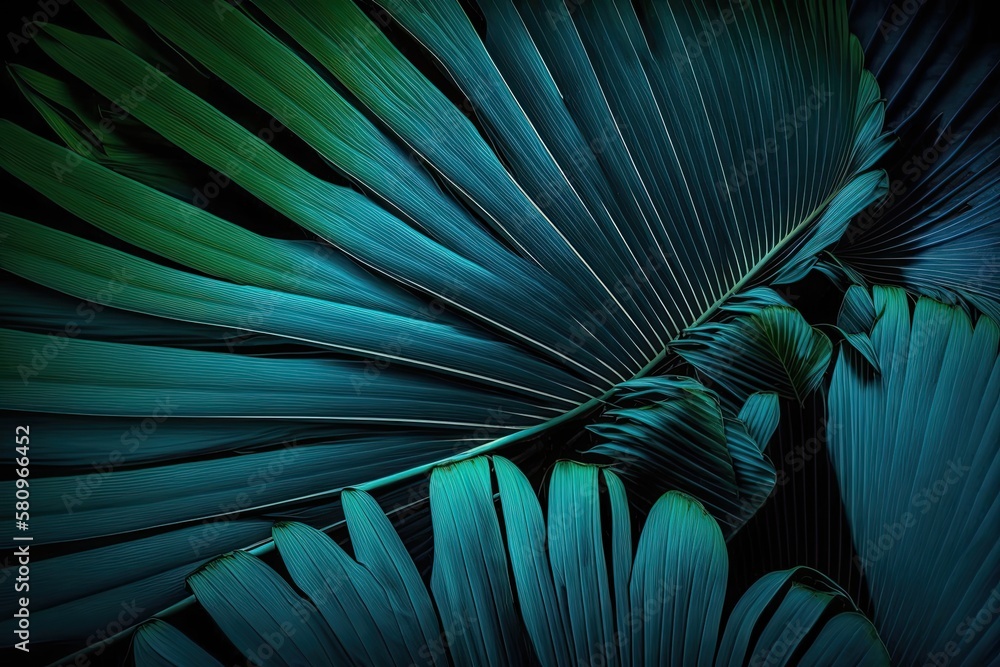 Poster abstract blue backdrop, texture of a tropical palm leaf in a stripe, large, naturally occurring foliage in a line pattern, dark tones. Generative AI