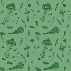 Green seamless background with mushrooms and dried herbs