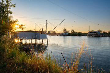 View of fishing huts of Comacchio, Veneto, Italy