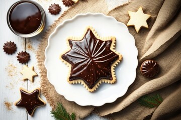 Chocolate christmas cookies (linzer cookies star shaped) with melted chocolate spread on white plate. Delicious christmas dessert, festive baking. New year background, fir tree branches. Top view