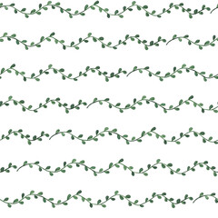Seamless pattern with plants. Green leves on branches. Liana plant isolated on white background. 