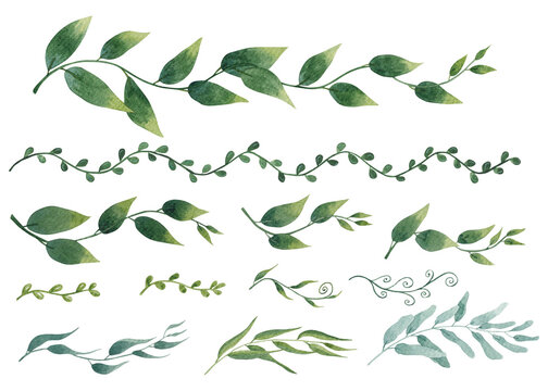 Watercolor set of green leaves branches. Hand drawn vivid leaves garlands. Hand-drawn high resolution art. 