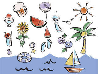 夏の風物詩　手描きイラストセット
