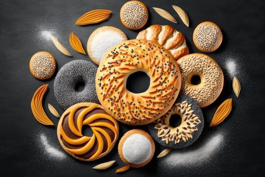 On a gray background, there are different kinds of bread with fluttering wheat ears. Sesame bagel, sesame bagel, baguette, traditional wheat round bread. Organically sound Fresh bread in a picture for