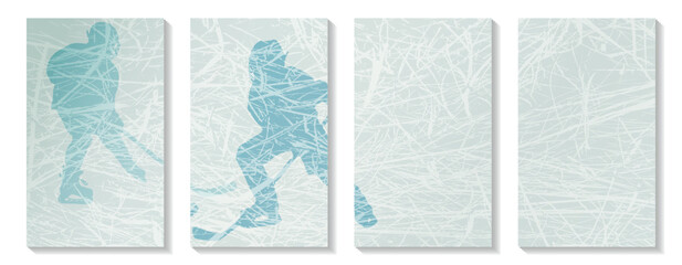 Two young hockey players in the fight for the puck on a ice background.