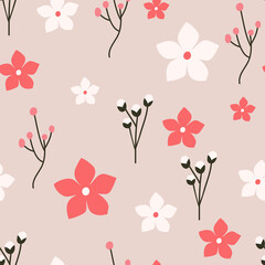 Hand drawn cute sakura flowers. Botanical seamless pattern in pink tones. Elegant floral print. Beautiful endless template for fabric, packaging, banner.