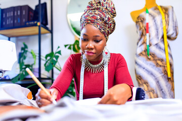 latin hispanic woman with fashionable turban over head and red dress working in clothess making...