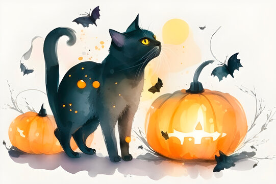watercolor sketch of a black cat and pumpkins, watercolor drawing Halloween mood, generative ai