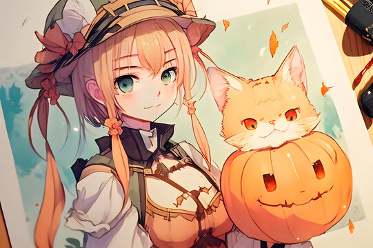 light watercolor illustration of fluffy cat and pumpkins, halloween mood, generative ai