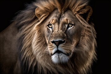 Lion headshot against a dark background. Generative AI