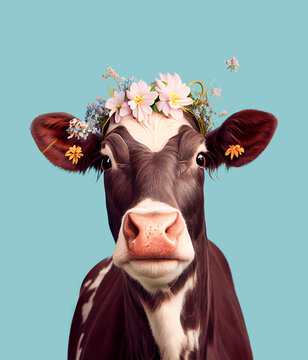 Creative animal Spring concept, domestic animal dressed in spring costume and fresh field flowers. Portrait of a cow on a pastel background. Illustration, Generative AI.