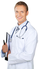 Fototapeta premium Young male doctor smiling and holding a clipboard or patient chart